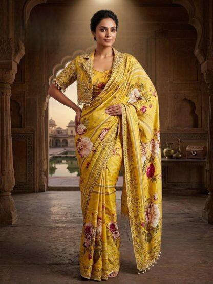 Yellow floral print silk saree with embroidered border and jacket-style blouse for women