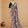 Full-length black and white lotus print designer saree draped on mannequin with tasseled sequin blouse