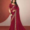 Woman wearing maroon chiffon saree with golden zari border and matching blouse