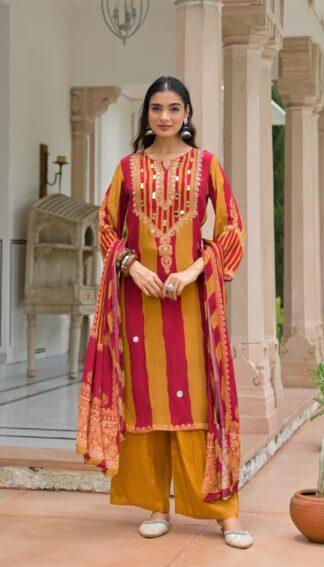 Woman wearing maroon and mustard striped kurti palazzo set with mirror work embroidery and matching dupatta
