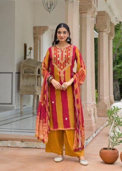 Woman wearing maroon and mustard striped kurti palazzo set with mirror work embroidery and matching dupatta