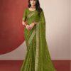 Woman wearing mehendi green chiffon saree with golden zari border and matching blouse