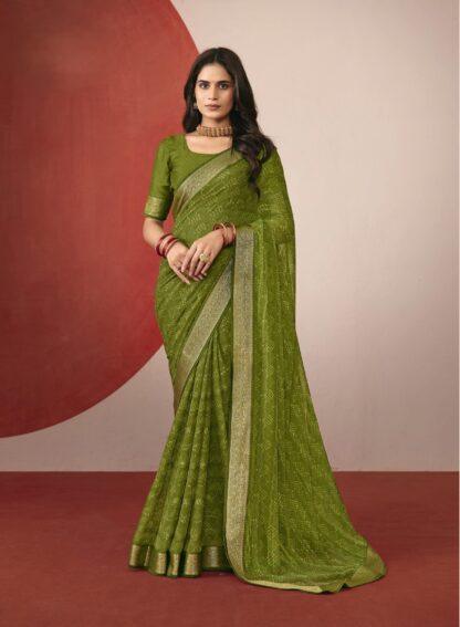 Woman wearing mehendi green chiffon saree with golden zari border and matching blouse