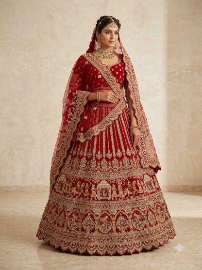 Full view of red bridal lehenga with heavy embroidery and matching scalloped net dupatta