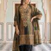 Model wearing mustard-olive striped silk suit set with embroidered dupatta and black pants, festive ethnic wear