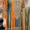 Close-up of mustard green and black striped silk kurti with gold mirror-work embroidery on neckline and hem