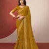 Woman wearing mustard yellow chiffon saree with self-print and golden border