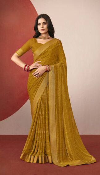 Woman wearing mustard yellow chiffon saree with self-print and golden border