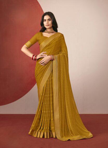 Woman wearing mustard yellow chiffon saree with self-print and golden border