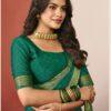 Woman wearing emerald green chiffon saree with golden zari border and matching blouse