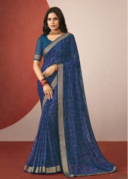 Woman wearing navy blue chiffon saree with abstract geometric print and golden zari border