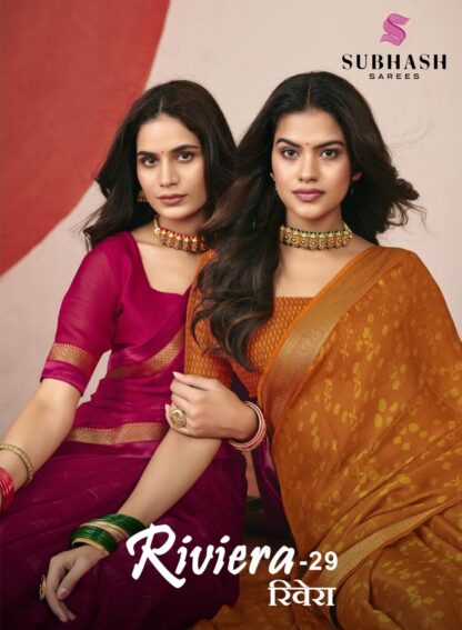 Riviera-29 wholesale saree catalog by Subhash Sarees showing 12 chiffon saree colors with zari border