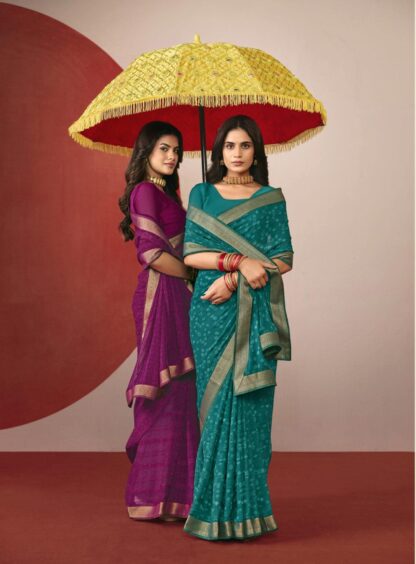 Riviera-29 wholesale saree catalog by Subhash Sarees showing 12 chiffon saree colors with zari border