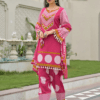Woman wearing rani pink polka dot print cotton kurti palazzo set with mirror work neckline