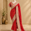 Red bandhani bridal saree with embroidered border, pallu and matching copper tissue blouse