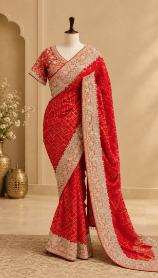 Red bandhani bridal saree with embroidered border, pallu and matching copper tissue blouse