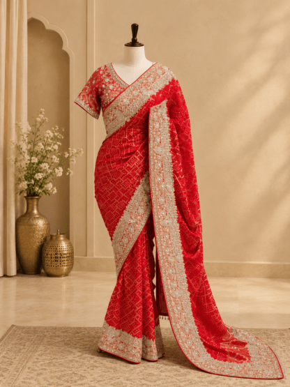 Red bandhani bridal saree with embroidered border, pallu and matching copper tissue blouse